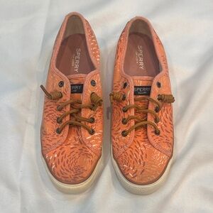 Sperry Women’s Coral-Pattern Canvas Boat Sneakers, Size 8.5